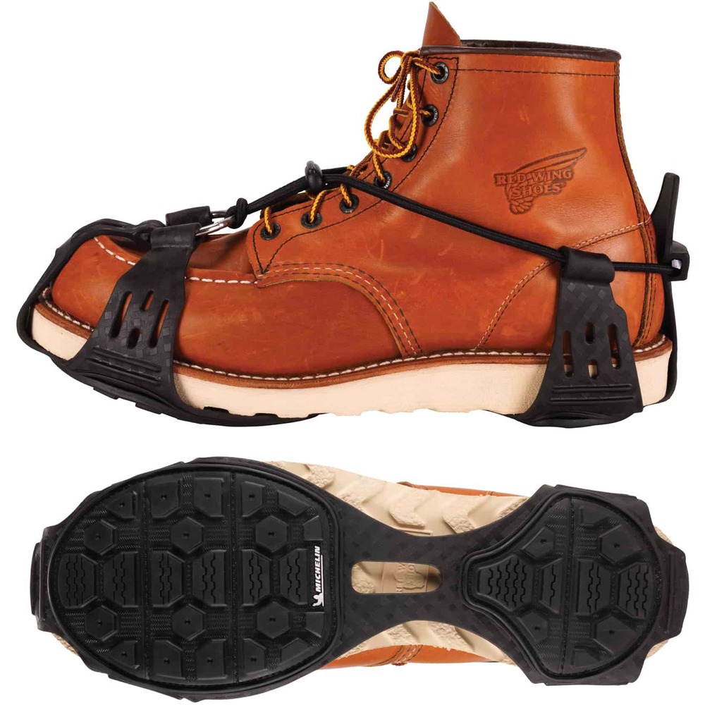 EGO16923 - 6325 Spikeless Traction Devices reduce the risk of slips and injuries by providing spike-free traction on slick surfaces, particularly water, snow and slush. These shoe and boot grips are designed for work environments where spiked ice cleats are not preferred for a safe, easy transition between indoor and outdoor use without scratching surfaces. Soles are constructed with Soles by Michelin (SBM) ice and outdoor rubber compound - the same innovative technology found in Michelin's winter driving tires. Strategically placed grooves allow efficient water evacuation when pressure is applied, preventing water buildup. Tread is designed with block sipes that create additional surface area for increased grip on snow surfaces. Micropumps maximize adhesions by distributing pressure to maintain high surface contact on icy surfaces. One-piece, stretch design with adjustable cord cinches for a secure fit over any style of boot or shoe. Medium size fits U.S. men's shoes and boots sizes 5 to 8.