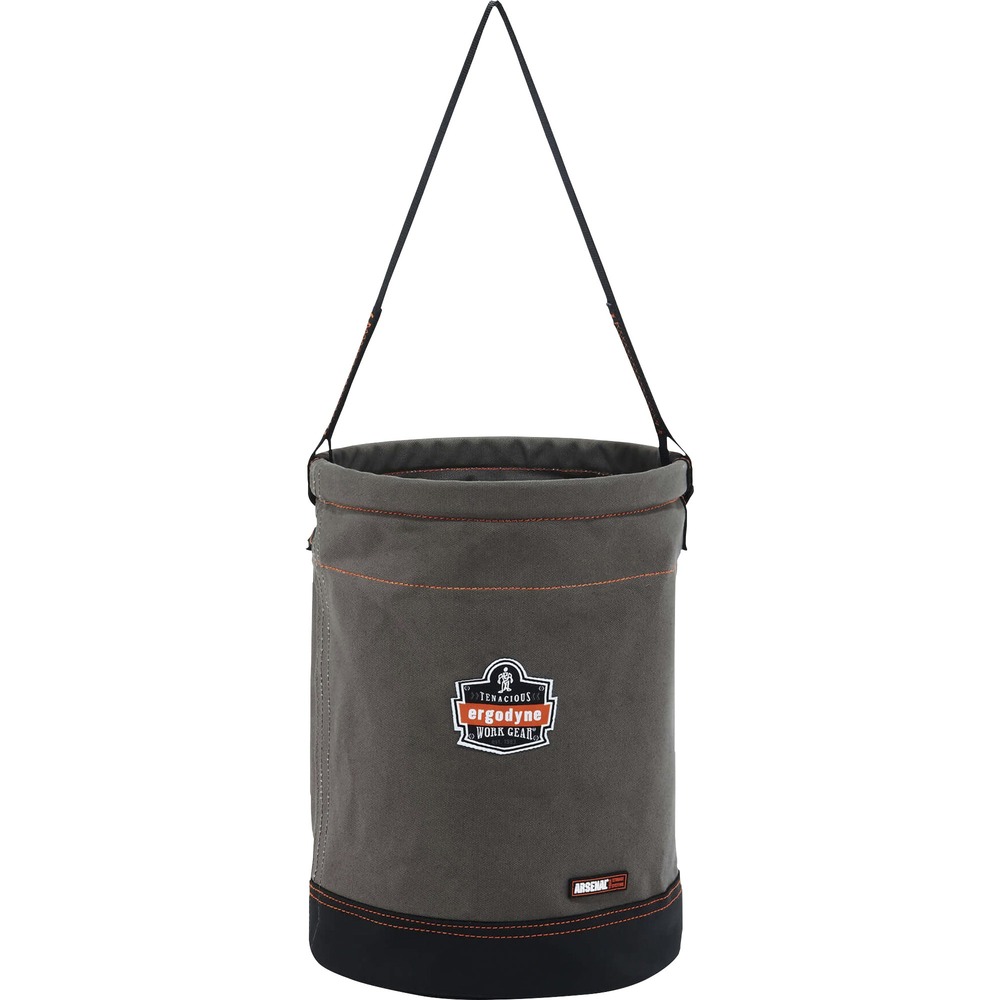 EGO14930 - 5930 Hoist Bucket hoists tools and equipment while working at heights, including construction, telecom and more. To hold 150 Ib. without strain, webbing handle features leather reinforcement that contributes to high tensile strength. Bucket's main material is made of durable, 24 oz. canvas. Synthetic leather-reinforced base protects hoist bucket from wear and tear and lasts longer. Plastic-molded top ring provides in/out access to look inside and grab equipment. Patented, nickel-plated, storm drain increases ventilation. Interior pocket supplies separate compartment for organization.