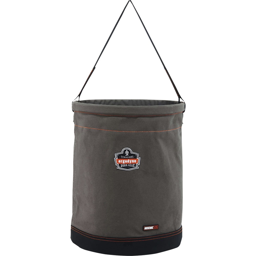 EGO14935 - 5935 Hoist Bucket with Web Handle hoists tools and equipment while working at heights, including construction, telecom and more. To hold 150 Ib. without strain, webbing handle features leather reinforcement that contributes to high tensile strength. Extra-large size creates more storage space. Bucket's main material is made of durable, 24 oz. canvas. Synthetic leather-reinforced base protects hoist bucket from wear and tear. Plastic-molded top ring provides trouble-free access so you can look inside and grab equipment. Patented, nickel-plated, storm drain increases ventilation. Interior pocket supplies separate compartment for organization.