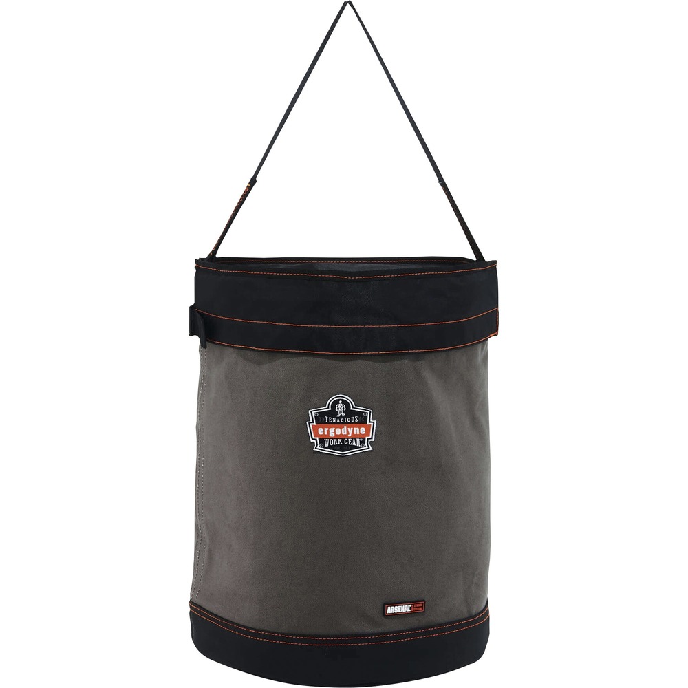 EGO14835 - 5935T Hoist Bucket with Top and Web Handle hoists tools and equipment while working at heights, including construction, telecom and more. To hold 150 Ib. without strain, webbing handle features leather reinforcement that contributes to high tensile strength. Extra-large size creates more storage space. Detachable safety top keeps equipment protected while equipment is stored. Bucket's main material is made of durable, 24 oz. canvas. Synthetic leather-reinforced base protects hoist bucket from wear and tear. Plastic-molded top ring provides trouble-free access to look inside and grab equipment. Patented, nickel-plated, storm drain increases ventilation. Interior pocket supplies separate compartment for organization.