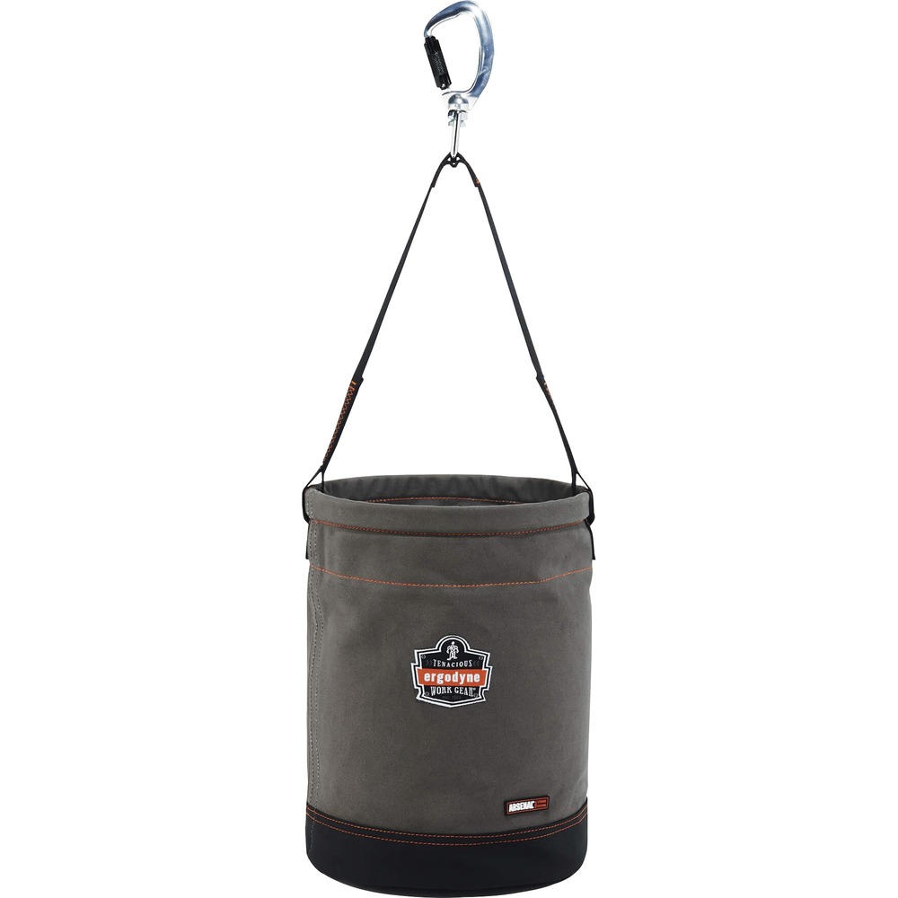 EGO14940 - 5940 Hoist Bucket with Swiveling Carabiner hoists tools and equipment while working at heights, including construction, telecom and more. To hold 150 Ib. without strain, webbing handle features leather reinforcement that contributes to high tensile strength. Double-action swiveling carabiner lets bucket sway without tangling the handle. Captive eye mechanism provides lock support so the bucket will not cause tension to handle or carabiner. Bucket's main material is made of durable, 24 oz. canvas. Synthetic leather-reinforced base protects hoist bucket from wear and tear. Plastic-molded top ring provides in/out access to look inside and grab equipment. Patented, nickel-plated, storm drain increases ventilation. Interior pocket supplies separate compartment for organization.