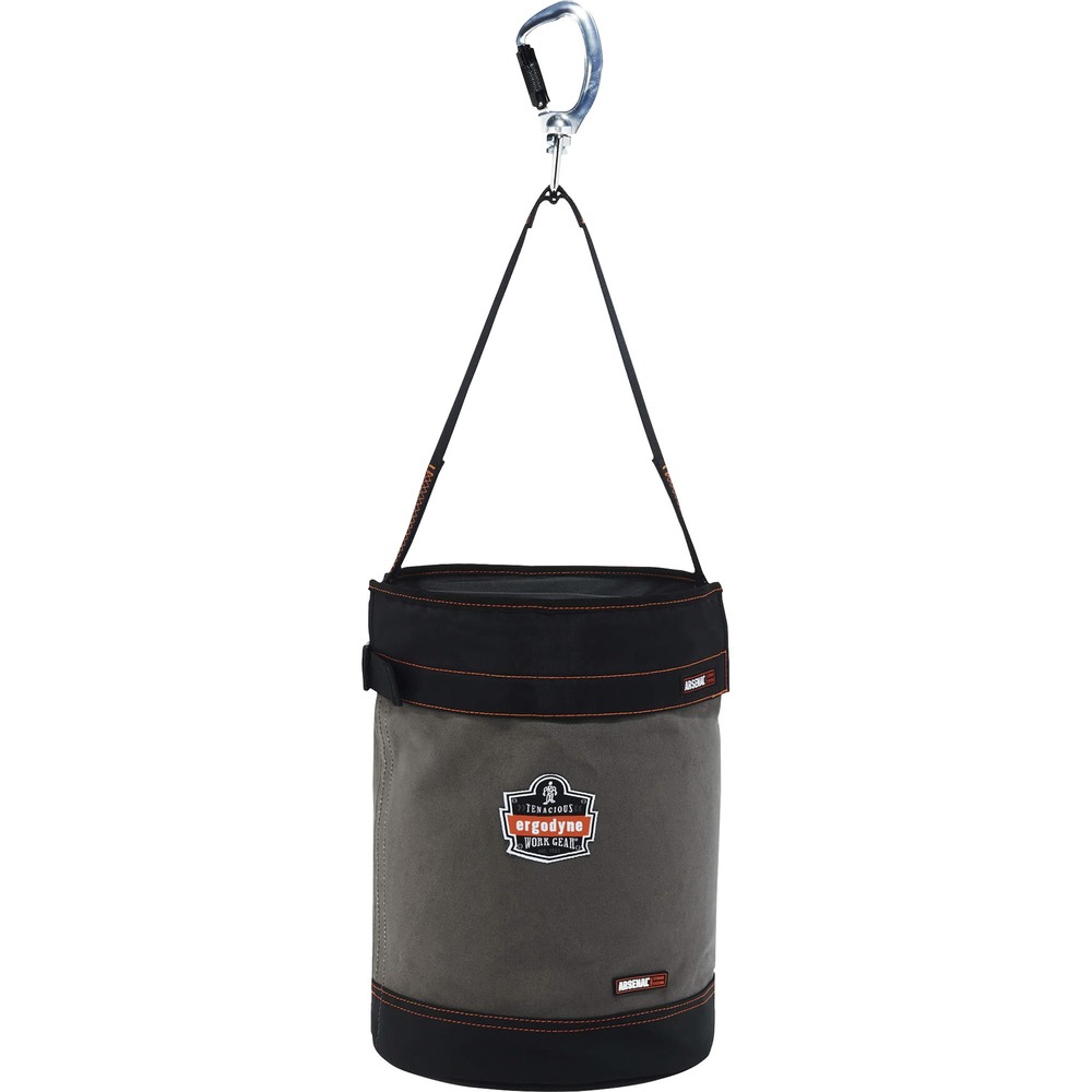 EGO14840 - 5940T Hoist Bucket with Top and Swiveling Carabiner hoists tools and equipment while working at heights, including construction, telecom and more. To hold 150 Ib. without strain, webbing handle features leather reinforcement that contributes to high tensile strength. Double-action swiveling carabiner lets bucket sway without tangling the handle. Captive eye mechanism provides lock support so the bucket will not cause tension to the handle or carabiner. Detachable safety top keeps equipment protected in storage. Synthetic leather-reinforced base protects hoist bucket from wear and tear. Plastic-molded top ring provides trouble-free access to look inside and grab equipment. Bucket's main material is made of durable, 24 oz. canvas. Patented, nickel-plated, storm drain increases ventilation. Interior pocket supplies separate compartment for organization.