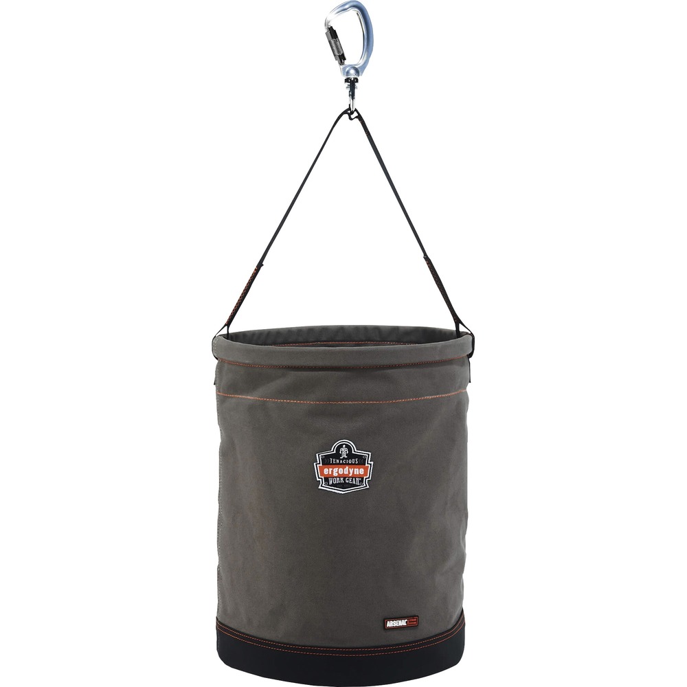 EGO14945 - 5945 Hoist Bucket with Swiveling Carabiner hoists tools and equipment while working at heights, including construction, telecom and more. To hold 150 Ib. without strain, webbing handle features leather reinforcement that contributes to high tensile strength. Double-action swiveling carabiner lets bucket sway without tangling. Captive eye mechanism provides lock support so the bucket will not cause tension to the handle or carabiner. Synthetic leather-reinforced base protects hoist bucket from wear and tear. Plastic-molded top ring provides trouble-free in/out access to look inside and grab equipment. Extra-large size creates more storage space. Bucket's main material is made of durable, 24 oz. canvas. Patented, nickel-plated, storm drain increases ventilation. Interior pocket supplies separate compartment for organization.