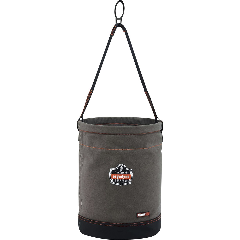EGO14960 - 5960 Hoist Bucket with D-Rings hoists tools and equipment tools and equipment while working at heights, including construction, telecom and more. To hold 150 lb. without strain, webbing handle features leather reinforcement that contributes to high tensile strength. Effortlessly hoist this bucket with the zinc-plated alloy steel D-ring attachment on handle. Two anchoring D-rings provide an extra layer of support for heavy equipment. Bucket's main material is made of durable, 24 oz. canvas. Synthetic leather-reinforced base protects hoist bucket from wear and tear. Plastic-molded top ring provides in/out access to look inside and grab equipment. Patented, nickel-plated, storm drain increases ventilation. Interior pocket supplies separate compartment for organization.