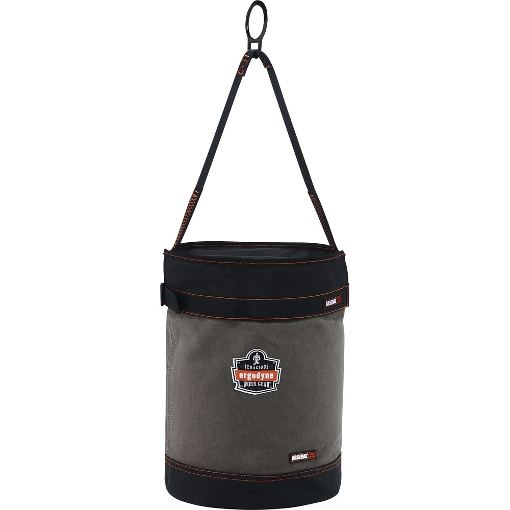 EGO14860 - 5960T Hoist Bucket with Top and D-Rings hoists tools and equipment while working at heights, including construction, telecom and more. To hold 150 Ib. content weight without strain, webbing handle features leather reinforcement that contributes to high tensile strength. Effortlessly hoist bucket with zinc-plated, alloy steel, D-ring attachment on handle. Two anchoring D-rings provide an extra layer of support for heavy equipment. The handles also anchors lanyards (not included). Detachable safety top keeps equipment protected while equipment is stored. Bucket's main material is made of durable, 24 oz. canvas. Synthetic leather-reinforced base protects hoist bucket from wear and tear and lasts longer. Plastic-molded top ring provides in/out access to look inside and grab equipment. Patented, nickel-plated, storm drain increases ventilation. Interior pocket supplies separate compartment for organization.