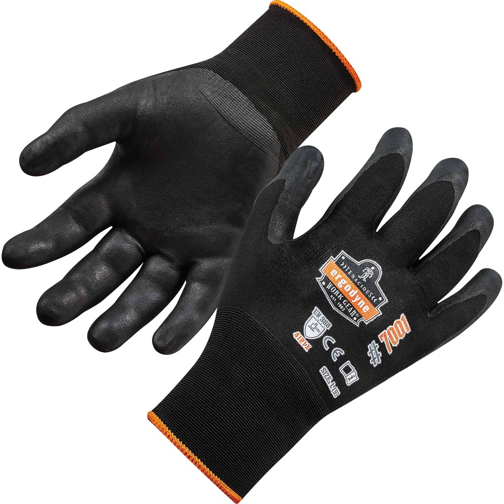 EGO17952 - ProFlex 7001 Nitrile-Coated Gloves with DSX Dip technology provide excellent grip in dry conditions. Close, second-skin fit is made for top-of-the-line dexterity and comfort when working with small parts in manufacturing or assembly. This soft, flexible fit is thanks to 18-gauge, seamless, ANSI level 3, abrasion-resistant nylon plus spandex knit blend. Thin knit allows unmatched breathability and a fit like no other. DSX Nitrile Dip technology outperforms all nitrile-based dips in dry environments. Multi-layer dip allows air to flow through to keep hands comfortable and dry. Top-layer dip creates a highly abrasion-resistant coating for durability and longer life. Touch screen-capable fingertips allow workers to stay connected and protected while maximizing productivity. These machine-washable safety gloves are best for workers in assembly, manufacturing, automotive and service technicians and are perfect for applications involving small parts or tasks requiring dexterity.