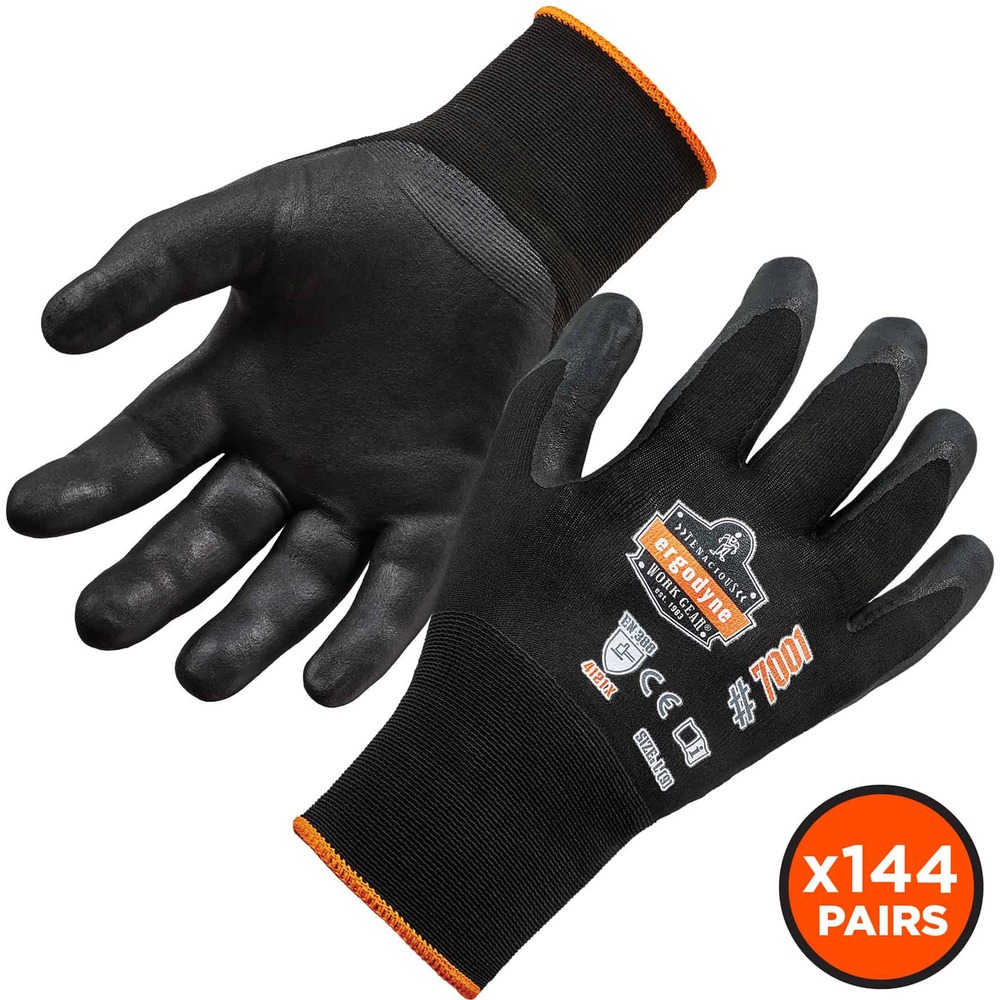 EGO17852 - Keep your hands protected while working with rough material by wearing the 7001 Abrasion-Resistant Safety Gloves. ANSI level 3-approved gloves prevent injury and punctures caused by moderately hazardous objects. Durable, DSX nitrile-coated palms maximize grip when handling dry surfaces and materials. Seamless, 18-gauge spandex knit enhances comfort and minimizes hand fatigue with its lightweight design. Dual-layer coating provides extra protection while remaining thin enough to grip objects without difficulty. Spandex knit conforms to your hand without bulk to provide total range of movement and enhanced dexterity compared to bulkier gloves. Avoid dirt and debris with the long, seamless knit cuffs that hug your wrists. Continue to use your phone while wearing these gloves thanks to touch-screen capabilities. These gloves are perfect for jobs in construction, assembly, manufacturing, automotive and more. Machine-wash gloves to wear the next day.