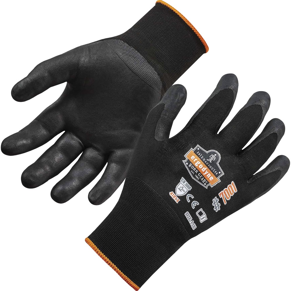 EGO17853 - Keep your hands protected while working with rough material by wearing the 7001 Abrasion-Resistant Safety Gloves. ANSI level 3-approved gloves prevent injury and punctures caused by moderately hazardous objects. Durable, DSX nitrile-coated palms maximize grip when handling dry surfaces and materials. Seamless, 18-gauge spandex knit enhances comfort and minimizes hand fatigue with its lightweight design. Dual-layer coating provides extra protection while remaining thin enough to grip objects without difficulty. Spandex knit conforms to your hand without bulk to provide total range of movement and enhanced dexterity compared to bulkier gloves. Avoid dirt and debris with the long, seamless knit cuffs that hug your wrists. Continue to use your phone while wearing these gloves thanks to touch-screen capabilities. These gloves are perfect for jobs in construction, assembly, manufacturing, automotive and more. Machine-wash gloves to wear the next day.