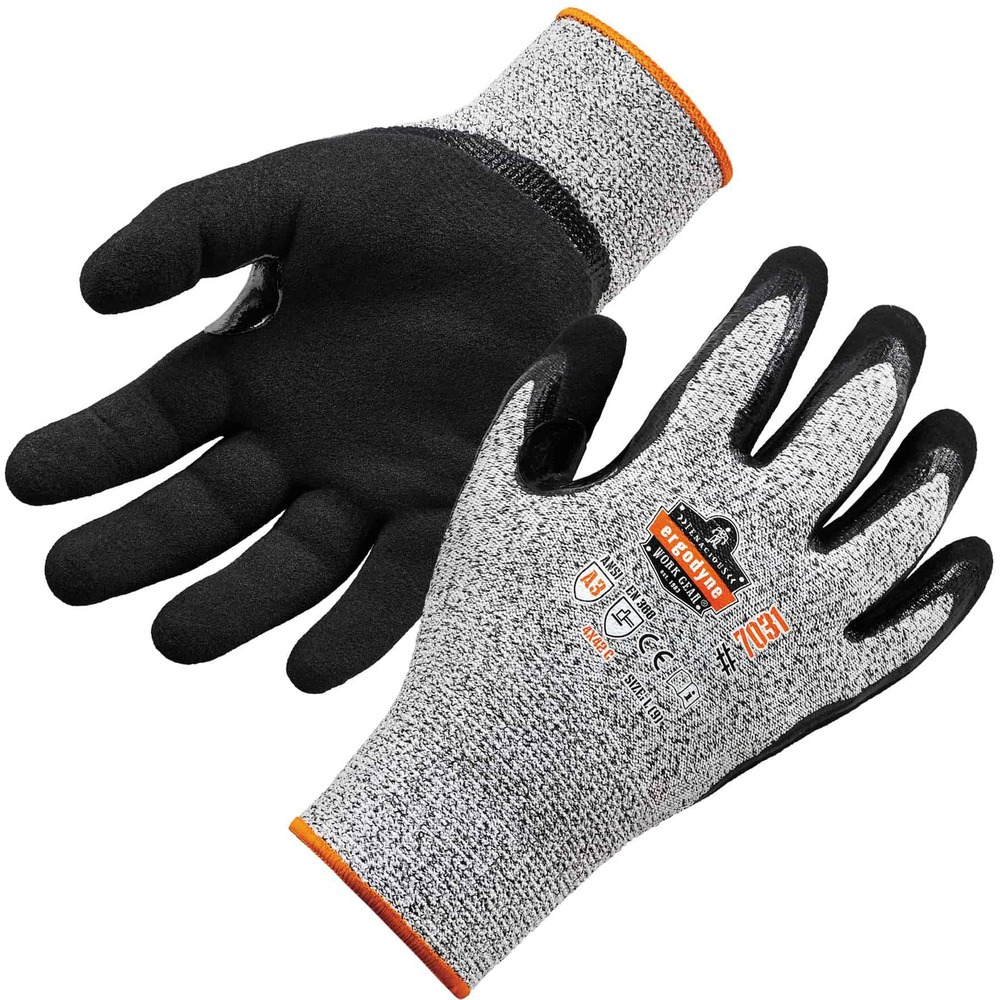 EGO17986 - Keep your hands protected while working with sharp materials by wearing the 7031 Level 3 Cut-Resistant Safety Gloves. ANSI A3 and level 5-approved gloves prevent cuts and injuries caused by abrasive, sharp objects and punctures. Durable, sandy nitrile layer on palms and thumbs securely handles rough surfaces and materials. The 13-gauge nylon-spandex with nitrile coating enhances dexterity and minimizes hand fatigue. Avoid dirt and debris with the long, seamless knit cuffs that hug your wrists. These gloves are perfect for jobs in construction, assembly, manufacturing, automotive and more. Machine-wash gloves to wear the next day.