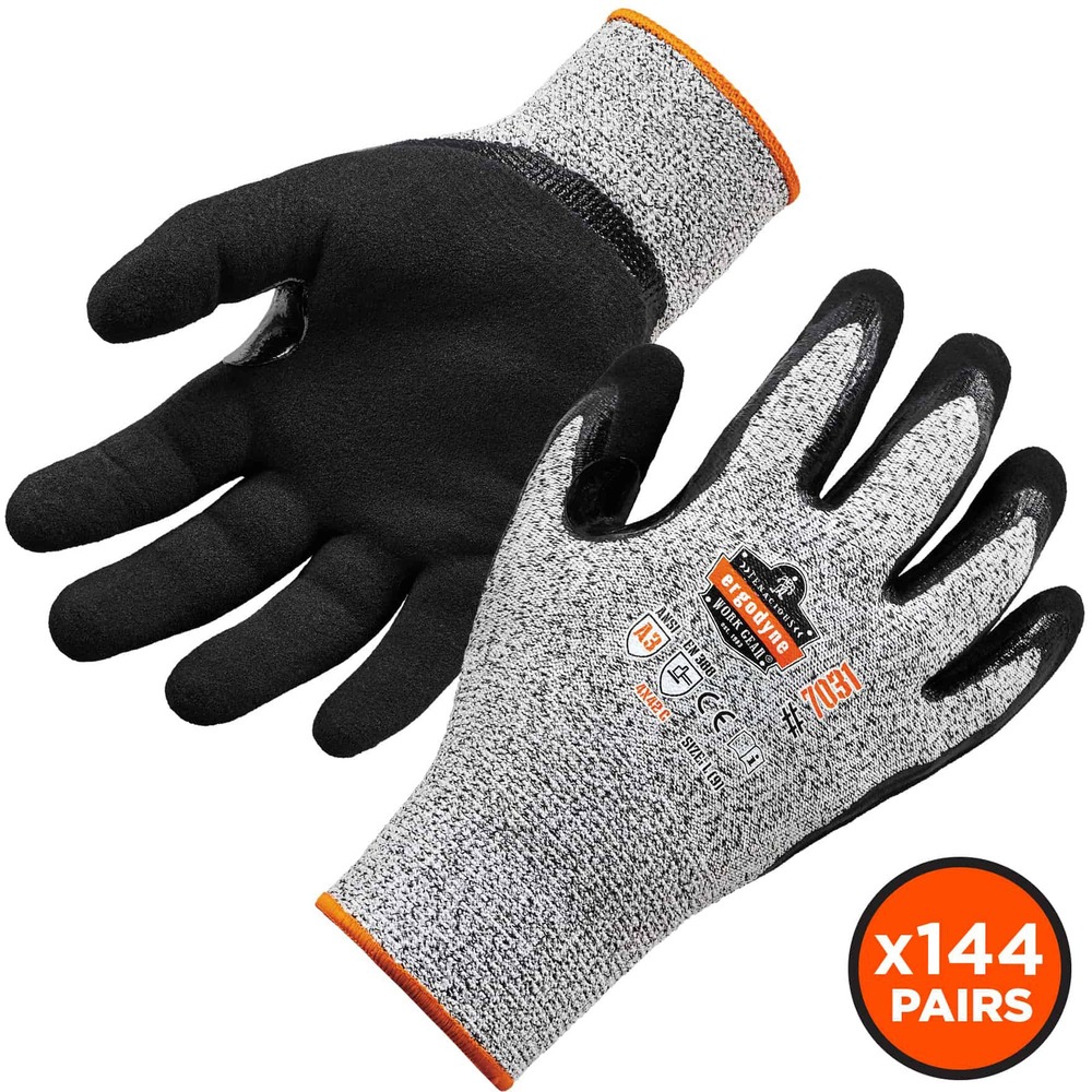 EGO17882 - Keep your hands protected while working with sharp materials by wearing the 7031 Level 3 Cut-Resistant Safety Gloves. ANSI A3 and level 5-approved gloves prevent cuts and injuries caused by abrasive, sharp objects and punctures. Durable, sandy nitrile layer on palms and thumbs securely handles rough surfaces and materials. The 13-gauge nylon-spandex with nitrile coating enhances dexterity and minimizes hand fatigue. Avoid dirt and debris with the long, seamless knit cuffs that hug your wrists. These gloves are perfect for jobs in construction, assembly, manufacturing, automotive and more. Machine-wash gloves to wear the next day.