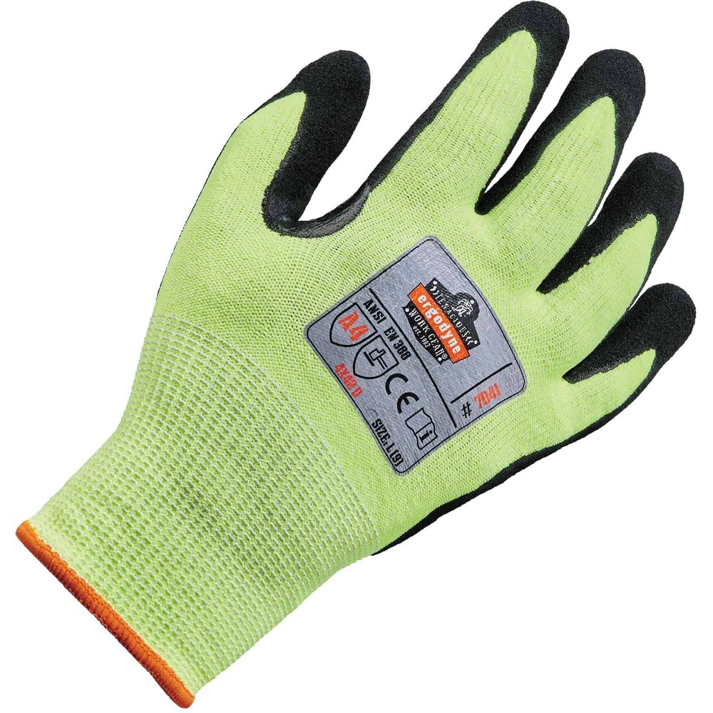 EGO17816 - Keep your hands protected while working with sharp materials by wearing the 7041 Level 4 Cut-Resistant Safety Gloves. ANSI A4 and level 4-approved gloves prevent cuts and injuries caused by abrasive, sharp objects and punctures. WSX nitrile-coated palms maximize grip when handling wet/oily surfaces and materials. Breathable, polyurethane coating wicks sweat and water away for a dry, comfortable feel that allows air to pass through the nitrile surface coating. Formfitting, TenaLux yarn provides 360-degree breathability with a cool-to-the-touch feel. Avoid dirt and debris with the long, seamless knit cuffs that hug your wrists. High-visibility, fluorescent gloves keep you safe and seen in low-light conditions. Continue to use your phone while wearing these gloves thanks to touch-screen capabilities. These gloves are perfect for jobs in construction, assembly, manufacturing, automotive and more. Machine-wash gloves to wear the next day.