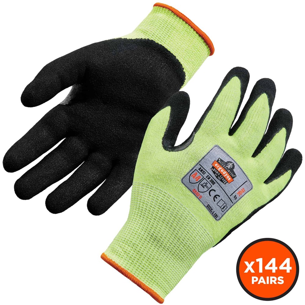 EGO17826 - Keep your hands protected while working with sharp materials by wearing the 7041 Level 4 Cut-Resistant Safety Gloves. ANSI A4 and level 4-approved gloves prevent cuts and injuries caused by abrasive, sharp objects and punctures. WSX nitrile-coated palms maximize grip when handling wet/oily surfaces and materials. Breathable, polyurethane coating wicks sweat and water away for a dry, comfortable feel that allows air to pass through the nitrile surface coating. Formfitting, TenaLux yarn provides 360-degree breathability with a cool-to-the-touch feel. Avoid dirt and debris with the long, seamless knit cuffs that hug your wrists. High-visibility, fluorescent gloves keep you safe and seen in low-light conditions. Continue to use your phone while wearing these gloves thanks to touch-screen capabilities. These gloves are perfect for jobs in construction, assembly, manufacturing, automotive and more. Machine-wash gloves to wear the next day.