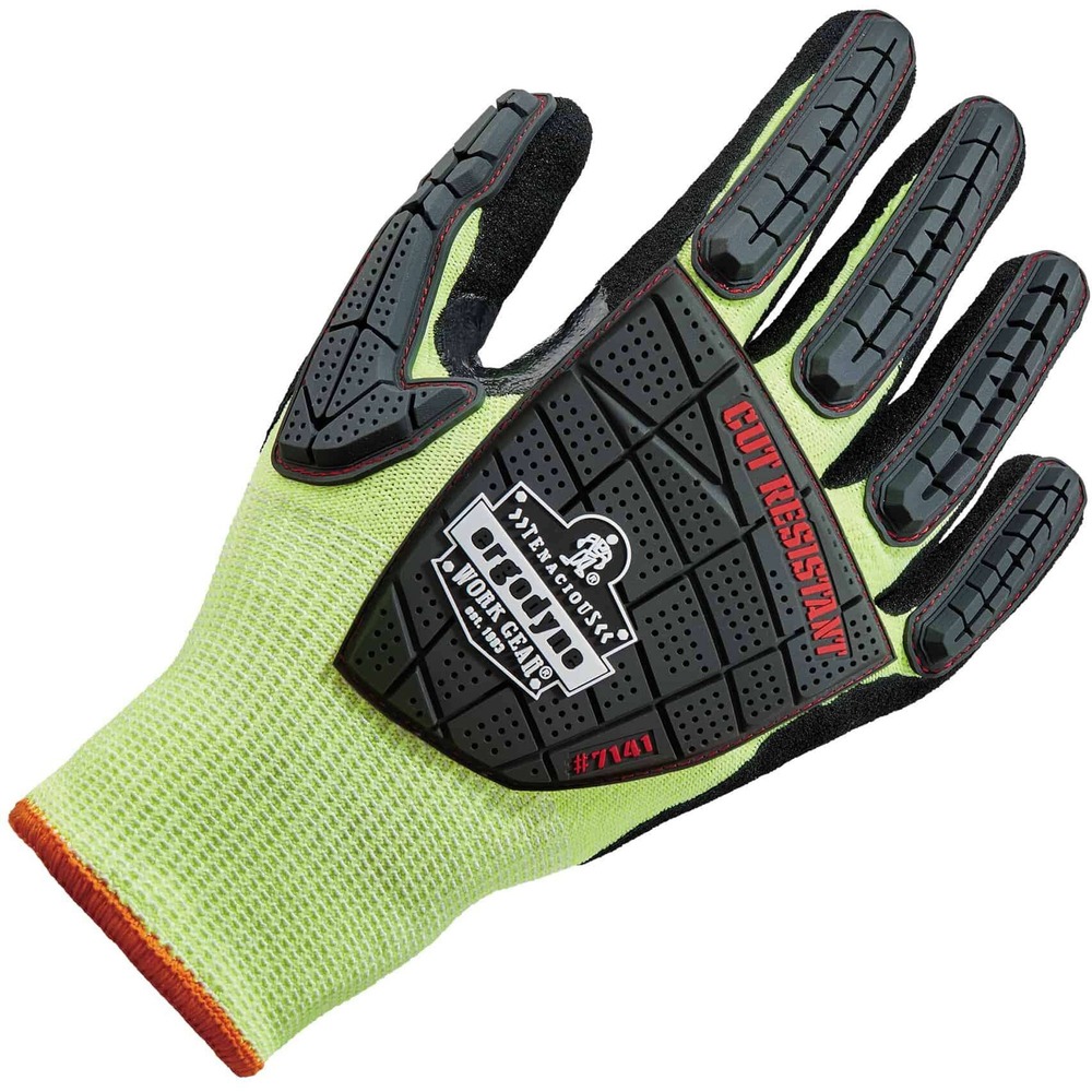 EGO17913 - Keep your hands protected while working with sharp materials by wearing the 7141 Level 4 Cut-Resistant Safety Gloves. ANSI A4 and level 4-approved gloves prevent cuts and injuries caused by abrasive, sharp objects and punctures. WSX nitrile-coated palms maximize grip when handling wet/oily surfaces and materials. Breathable, polyurethane coating wicks sweat and water away for a dry, comfortable feel that allows air to pass through the nitrile surface coating. Formfitting, TenaLux yarn provides 360-degree breathability. Avoid dirt and debris with the long, seamless knit cuffs that hug your wrists. TPR Armor across knuckles and fingers prevents pinching and provides blow deflection. Strategic flex zones exemplify dexterity and minimize hand fatigue. High-visibility gloves keep you safe and seen in low-light conditions. Continue to use your phone while wearing these gloves thanks to touch-screen capabilities. These gloves are perfect for jobs in construction, assembly, manufacturing, automotive and more. Machine-wash gloves to wear the next day.