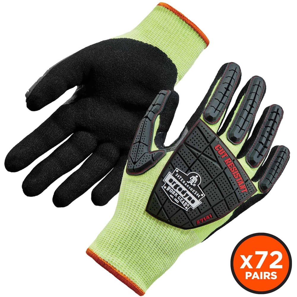 EGO17834 - Keep your hands protected while working with sharp materials by wearing the 7141 Level 4 Cut-Resistant Safety Gloves. ANSI A4 and level 4-approved gloves prevent cuts and injuries caused by abrasive, sharp objects and punctures. WSX nitrile-coated palms maximize grip when handling wet/oily surfaces and materials. Breathable, polyurethane coating wicks sweat and water away for a dry, comfortable feel that allows air to pass through the nitrile surface coating. Formfitting, TenaLux yarn provides 360-degree breathability. Avoid dirt and debris with the long, seamless knit cuffs that hug your wrists. TPR Armor across knuckles and fingers prevents pinching and provides blow deflection. Strategic flex zones exemplify dexterity and minimize hand fatigue. High-visibility gloves keep you safe and seen in low-light conditions. Continue to use your phone while wearing these gloves thanks to touch-screen capabilities. These gloves are perfect for jobs in construction, assembly, manufacturing, automotive and more. Machine-wash gloves to wear the next day.