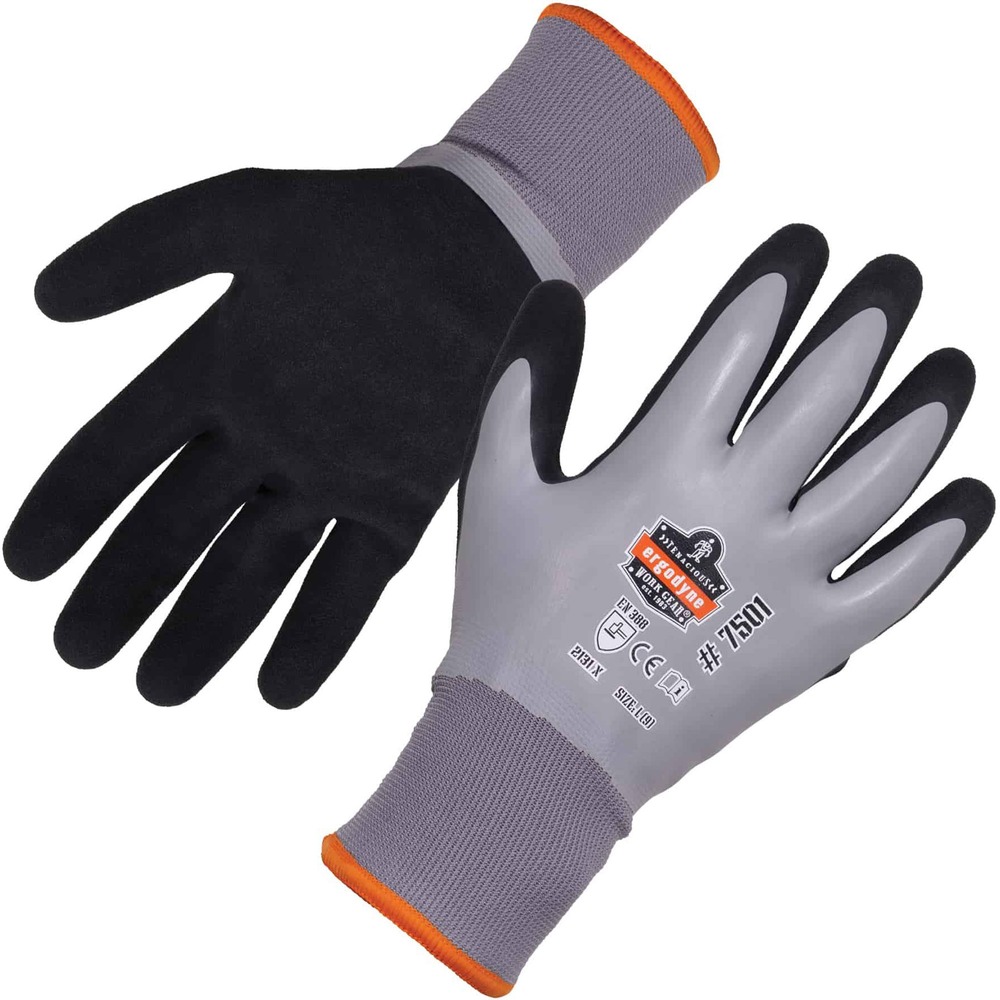EGO17633 - Made with brushed, acrylic-fleece liner (10 grams) and polyester liner (15 grams), these 7501 Waterproof Winter Work Gloves provide dual-layer comfort and warmth in cold weather. Fully coated latex and nitrile palm dip adds waterproof protection to keep your hands warm and dry. Gloves are uniquely designed not to compromise dexterity while continuously providing warmth. Elastic wrist comfortably molds to your skin without constant readjustment or hindering mobility. Wear these thermal gloves in dry, cool and cold environments while handling tools. Gloves are tested and approved to prevent hands from minor cuts. Machine-wash gloves to wear the next day.