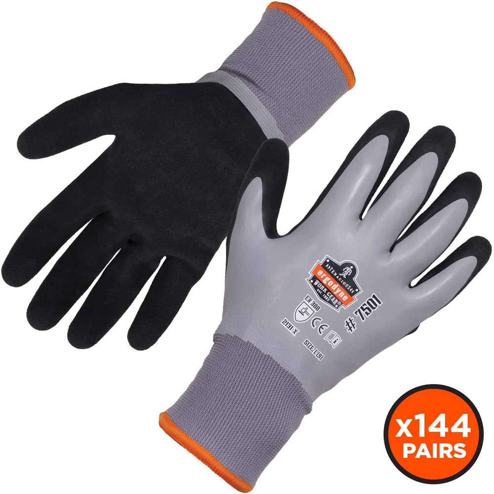 EGO17934 - Made with brushed, acrylic-fleece liner (10 grams) and polyester liner (15 grams), these 7501 Waterproof Winter Work Gloves provide dual-layer comfort and warmth in cold weather. Fully coated latex and nitrile palm dip adds waterproof protection to keep your hands warm and dry. Gloves are uniquely designed not to compromise dexterity while continuously providing warmth. Elastic wrist comfortably molds to your skin without constant readjustment or hindering mobility. Wear these thermal gloves in dry, cool and cold environments while handling tools. Gloves are tested and approved to prevent hands from minor cuts. Machine-wash gloves to wear the next day.