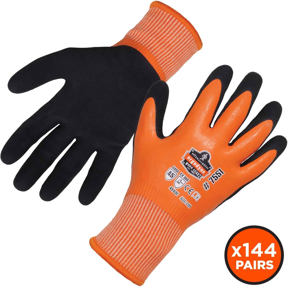 EGO17993 - Made with brushed, acrylic-fleece liner (10 grams) and HPPE exterior (13 grams), these 7551 Waterproof Cut-Resistant Winter Work Gloves provide dual-layer comfort and warmth in cold weather. Fully coated latex and nitrile palm dip adds waterproof protection to keep your hands warm and dry. Gloves are uniquely designed not to compromise dexterity while continuously providing warmth. Elastic wrist comfortably molds to your skin without constant readjustment or hindering mobility. Wear these thermal gloves in dry, cool and cold environments while handling tools. Gloves are tested and approved to ANSI level 5 to prevent hands from cuts, punctures and abrasions. Machine-wash gloves to wear the next day.