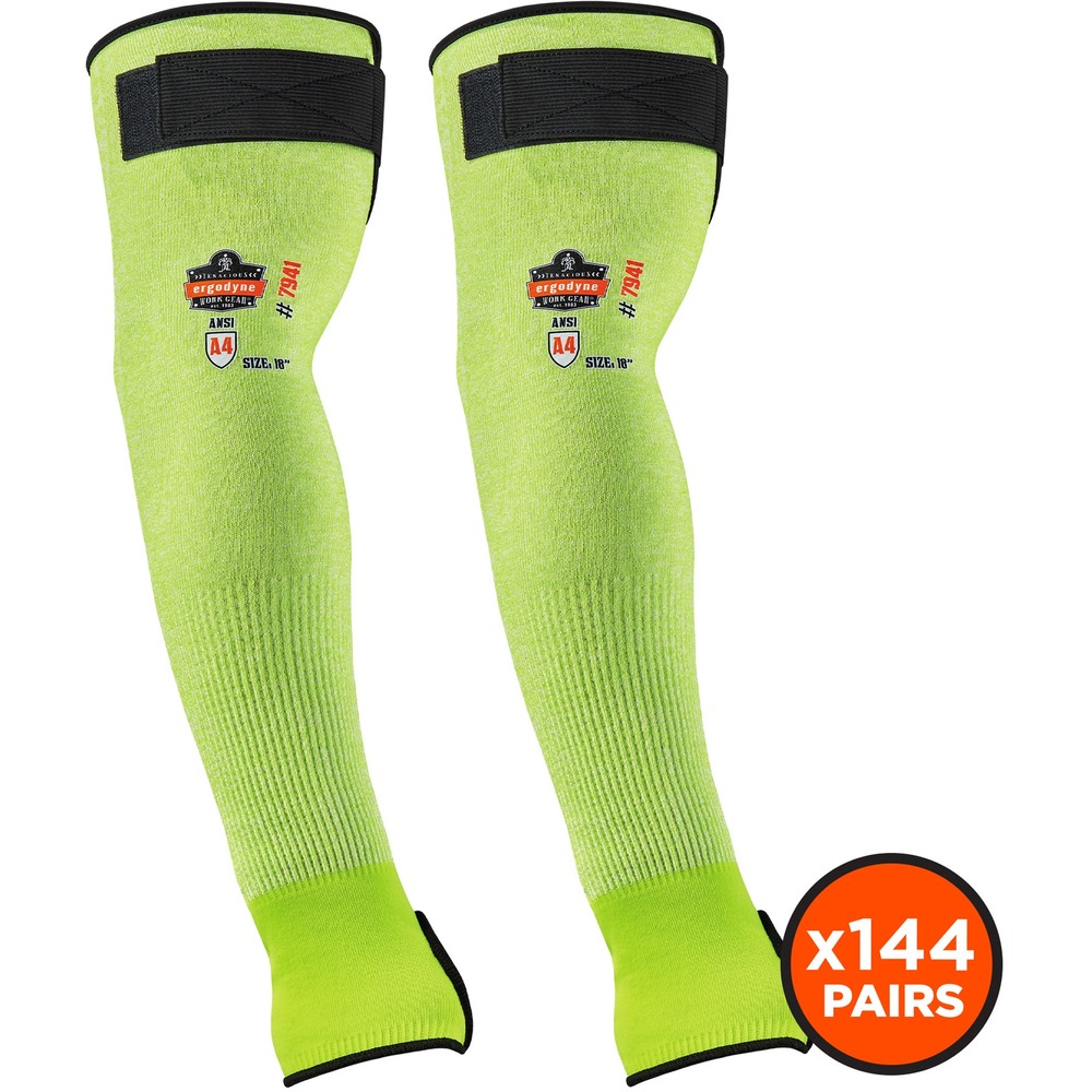 EGO17947 - Protect your arms from cuts while working with sharp objects by wearing these 7941-PR Cut-Resistant Arm Sleeves. TenaLux yarn is ANSI A4-approved for cut protection to keep you safe on the job. They are also ANSI 105-2016 A1-certified for conductive heat-resistance. Moisture-wicking fibers absorb sweat to keep you dry, cool and comfortable. Easily tighten and customize fit on upper arm/bicep with the hook-and-loop strap. Thumb holes keep sleeves in place to prevent constant readjustment. Fluorescent color increases visibility and safety in low-light conditions. Machine-wash sleeves to wear the next day.