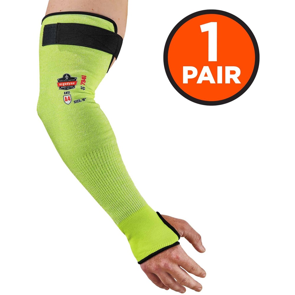 EGO17943 - Protect your arms from cuts while working with sharp objects by wearing these 7941-PR Cut-Resistant Arm Sleeves. TenaLux yarn is ANSI A4-approved for cut protection to keep you safe on the job. They are also ANSI 105-2016 A1-certified for conductive heat-resistance. Moisture-wicking fibers absorb sweat to keep you dry, cool and comfortable. Easily tighten and customize fit on upper arm/bicep with the hook-and-loop strap. Thumb holes keep sleeves in place to prevent constant readjustment. Fluorescent color increases visibility and safety in low-light conditions. Machine-wash sleeves to wear the next day.