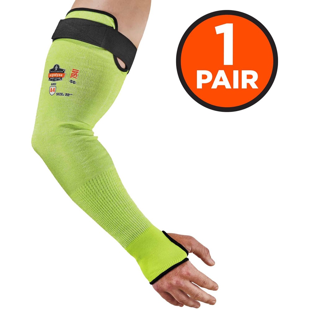 EGO17945 - Protect your arms from cuts while working with sharp objects by wearing these 7941-PR Cut-Resistant Arm Sleeves. TenaLux yarn is ANSI A4-approved for cut protection to keep you safe on the job. They are also ANSI 105-2016 A1-certified for conductive heat-resistance. Moisture-wicking fibers absorb sweat to keep you dry, cool and comfortable. Easily tighten and customize fit on upper arm/bicep with the hook-and-loop strap. Thumb holes keep sleeves in place to prevent constant readjustment. Fluorescent color increases visibility and safety in low-light conditions. Machine-wash sleeves to wear the next day.