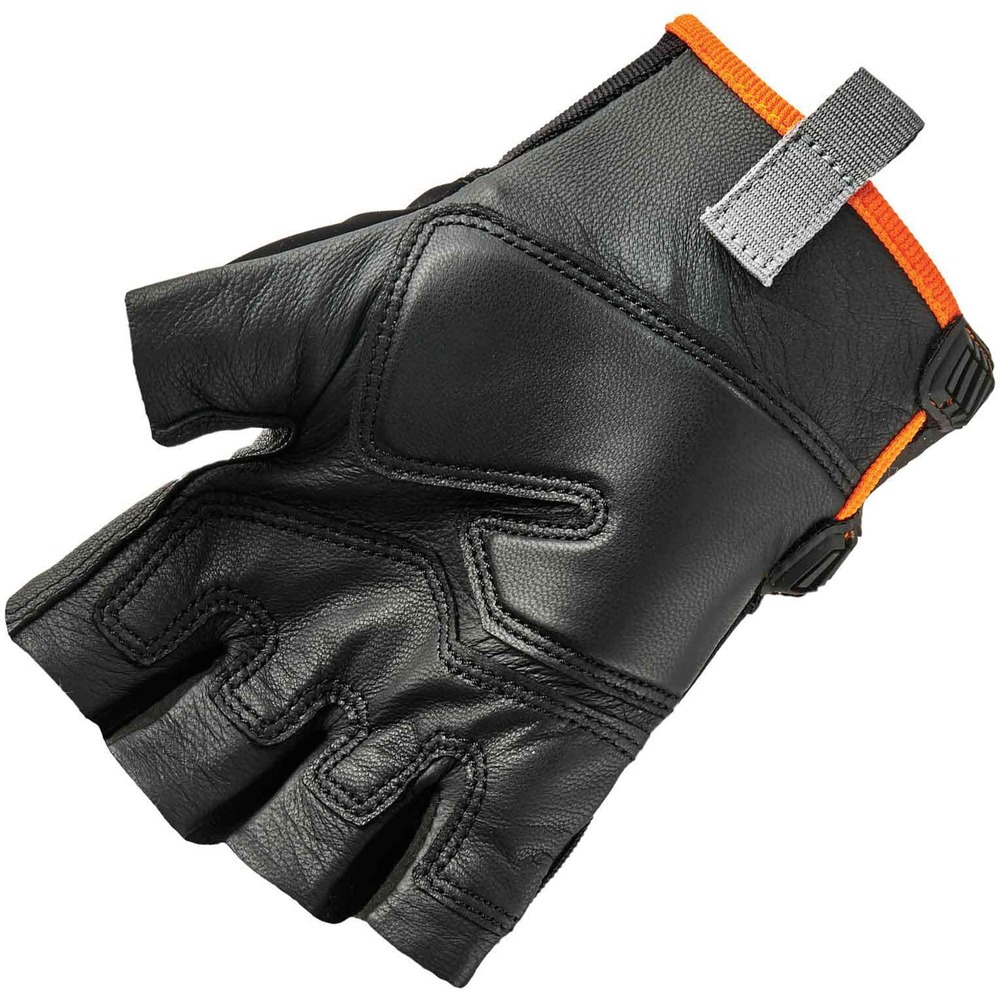 EGO17286 - Keep your hands protected while lifting heavy objects by wearing these 860 Heavy Lifting Utility Gloves. Fingerless design and knuckle pad maximize dexterity and range of motion while keeping your palms protected from injury. Easily grip and move objects with the padded leather palm and reinforced thumb saddle. Breathable, stretch spandex conforms to your hand for a comfortable fit without confining hand and causing excessive sweat. Adjust tightness using the hook-and-loop closure with its low-profile, molded design that stays out of your way. Pull-on tab creates easy on/off movements without difficulty. Write your name on the ID label to separate your gloves from others.