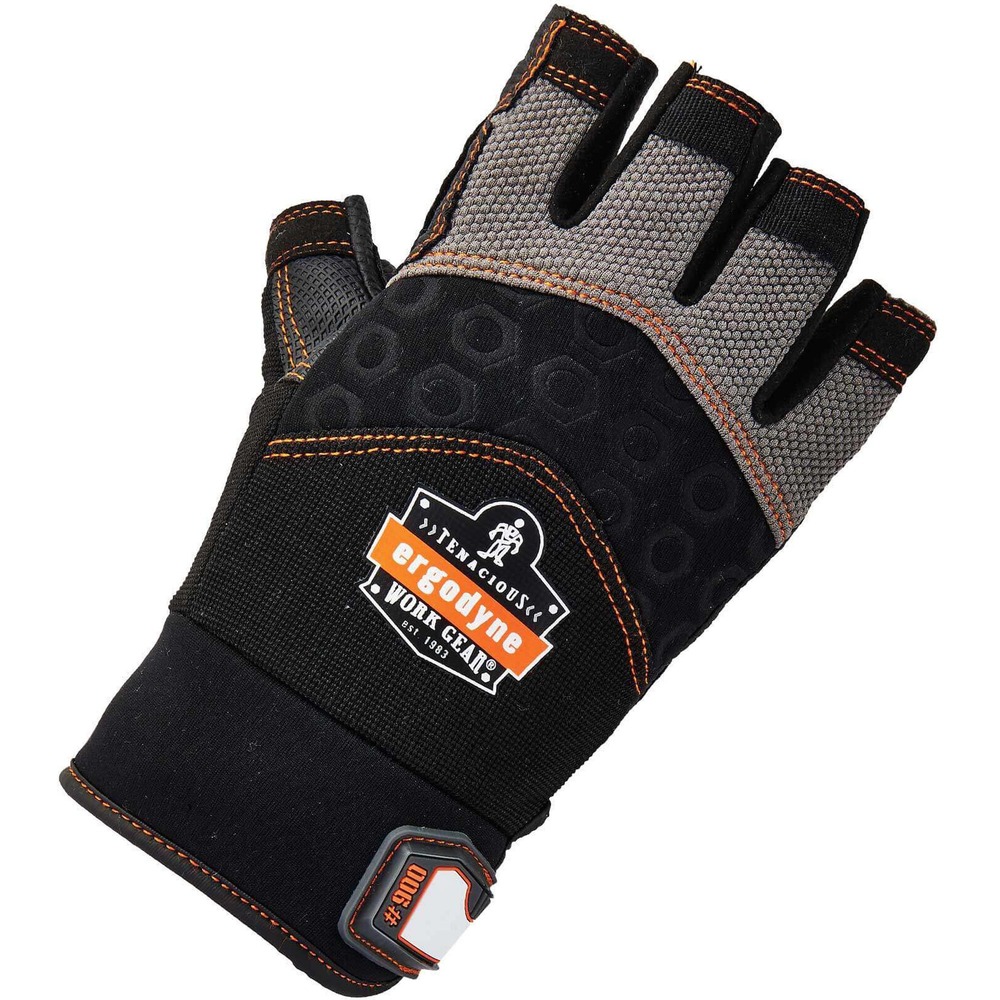EGO17695 - Keep your hands protected by wearing these 900 Half-Finger Impact Gloves while using vibrating tools. Key areas on these gloves have segmented, AVC palm padding to reduce shock and palm impact when using tools that cause injury. Securely hold equipment with the gripping palm material that prevents slipping. Neoprene knuckle pad and reinforced thumb saddle provide extra protection without limiting your range of motion. Half-finger design provides maximum dexterity and control. Hex stretch knit and breathable spandex create a cozy feel without restricting movement or causing excessive clamminess. Low-profile, molded, hook-and-loop closure easily adjusts for a comfortable fit without adding bulk. Pull-on tab creates easy on/off movements without difficulty. Write your name on the ID label to separate your gloves from others.