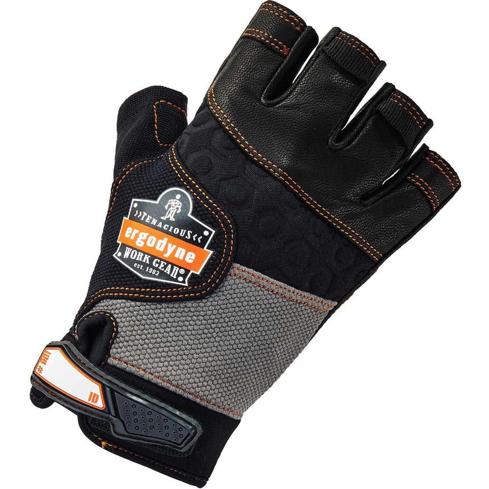 EGO17784 - Keep your hands protected by wearing these 901 Half-Finger Leather Impact Gloves while using vibrating tools. Key areas on these gloves have segmented, foam palm padding to reduce shock and palm impact when using tools that cause injury. Genuine leather provides durability and longevity with a natural feel. Neoprene knuckle pad and reinforced thumb saddle enhance protection without limiting your range of motion. Half-finger design provides maximum dexterity and control. Hex stretch knit and breathable spandex create a cozy feel without restricting movement or causing excessive clamminess. Low-profile, molded, hook-and-loop closure easily adjusts for a comfortable fit without adding bulk. Pull-on tab creates easy on/off movements without difficulty. Write your name on the ID label to separate your gloves from others.