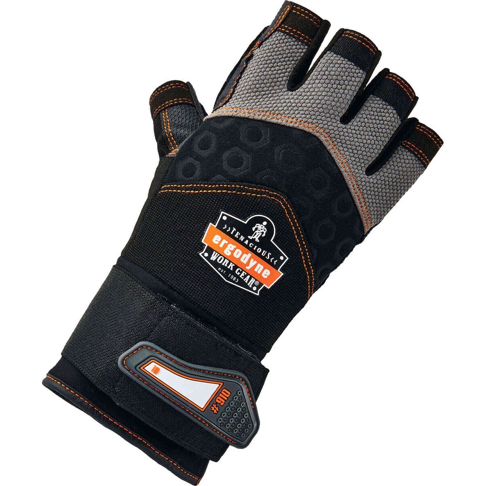 EGO17714 - Keep your hands protected by wearing these 910 Half-Finger Impact Gloves with Wrist Support while using vibrating tools. Key areas on these gloves have segmented, AVC palm padding to reduce shock and palm impact when using tools that cause injury. Securely hold equipment with the gripping palm material that prevents slipping. Neoprene knuckle pad and reinforced thumb saddle provide extra protection without limiting your range of motion. Half-finger design provides maximum dexterity and control. Built-in wrist support with patented Open-Center Stay relieves discomfort from repetitive motion. Hex stretch knit and breathable spandex create a cozy feel without restricting movement or causing excessive clamminess. Low-profile, molded, hook-and-loop closure easily adjusts for a comfortable fit without adding bulk. Pull-on tab creates easy on/off movements without difficulty. Write your name on the ID label to separate your gloves from others.