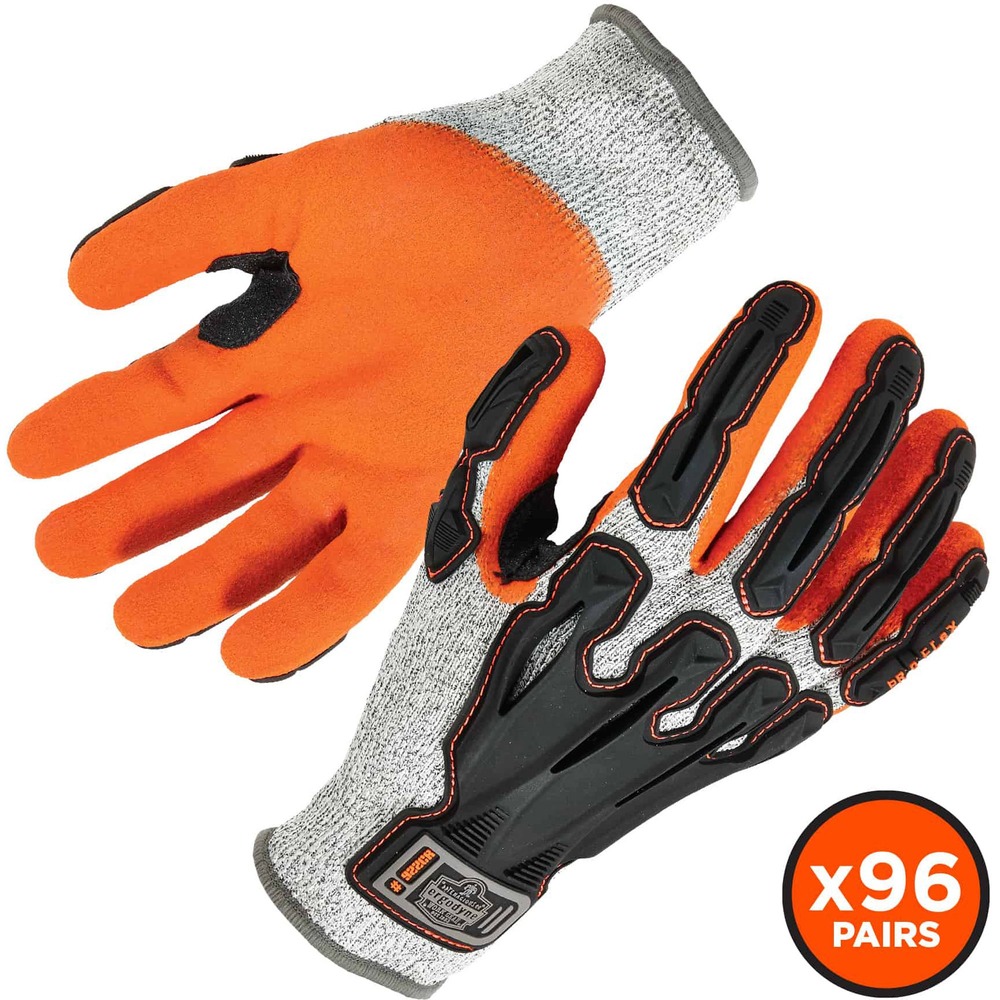 EGO17586 - Use 922CR Certified Cut-Resistant Gloves with Dorsal Protection to avoid injuries caused by sharp materials. High-performance, 13-gauge polyethylene fibers are level 3 cut protection and level 6 abrasion-resistant to protect hands. Palms are coated in a nitrile dip, providing an excellent grip for all conditions, wet or dry. Thumb reinforcements add extra protection when gripping rough surfaces. TPR armor on the backside of the glove offers protection against pinch injuries and blows to the back of the hand. Rubber armor extends to fingertips and is sewn in for maximum durability. Gloves are designed with flex zones to increase dexterity and flexibility to help reduce hand fatigue without sacrificing protection. Long, snug wrists keep dirt and debris out. Fluorescent palms enhance visibility when hand signaling in low-light conditions. Gloves are best for workers in construction, manufacturing and more.