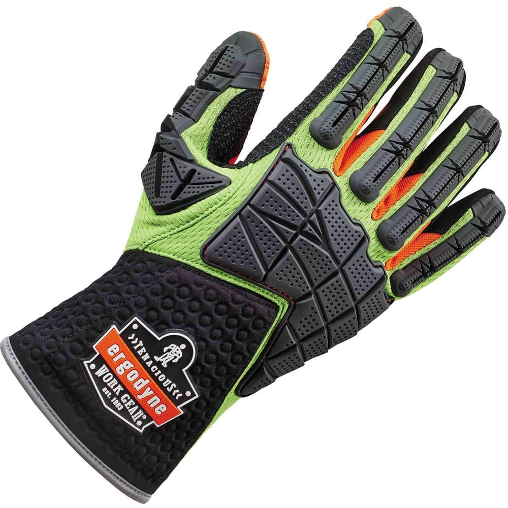 EGO17904 - Protect your hands from injuries while working dangerous jobs by wearing 925f(x) Standard Dorsal Impact-Reducing Gloves. Full TPR armor and technical foam enhance safety and prevent hand injuries. Armortex-reinforced thumb saddle and index finger and padded, neoprene cuff eliminate harm that occurs in areas susceptible to harm. High-performance AX Suede and protruding dots covering palm enhance grip for a nonslip experience when handling tools and moving objects. Pull-on tab creates easy on/off movements without difficulty. Breathable mesh creates airflow and provides comfortability while minimizing moisture buildup. Write your name on the ID label to separate your gloves from others. Fluorescent colors and reflective binding enhance visibility in low-light conditions for added safety.