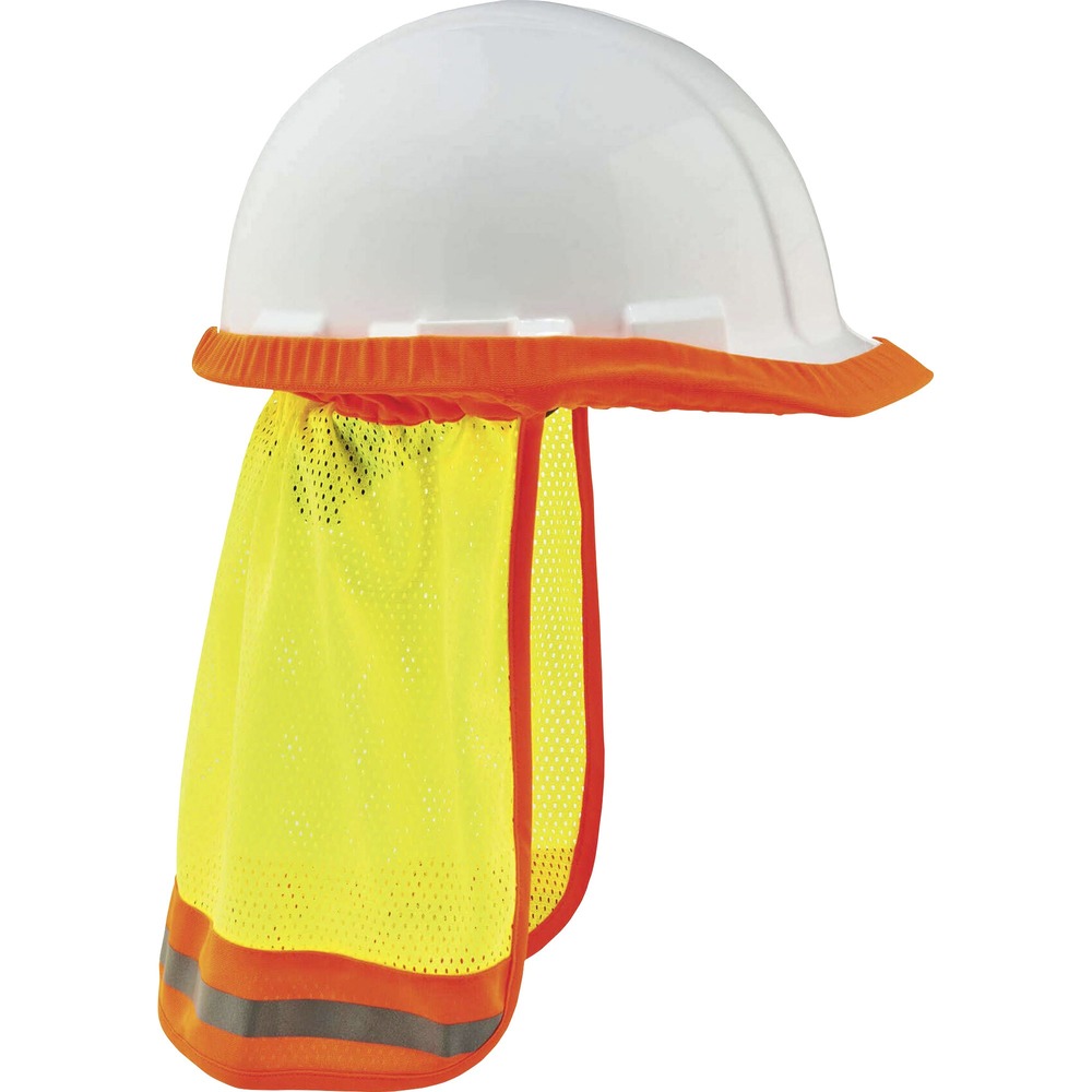 EGO29053 - 8005 Hi-Vis Neck Shades for Hard Hats protect neck and ears from sun damage. Lightweight, mesh material maximizes airflow and keeps workers cool in the heat. Fluorescent, polyester mesh enhances visibility in poor light conditions so workers can be seen. Trim meets ANSI 107 standard and provides an extra layer of safety by reflecting light. Neck shades fit most standard hard hats and safety helmets with full brims. Securely fit hats with brim clips to keep attachment in place while working. Machine-wash to quickly rewear.