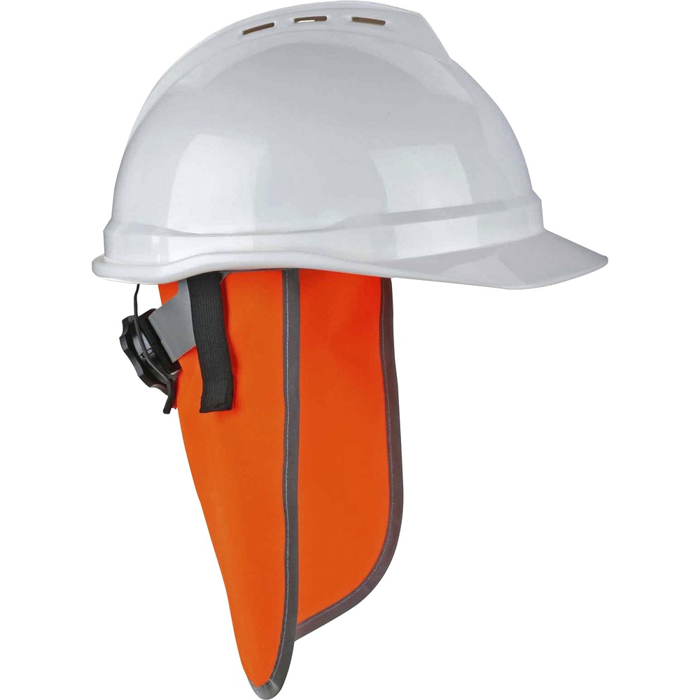 EGO29061 - 8006 Hi-Vis Neck Shades for Hard Hats protect back of neck and ears from sun damage. Fluorescent, polyester fabric enhances visibility in poor light conditions so workers can be seen. Trim lining meets ANSI 107 standard and provides an extra layer of safety by reflecting light. They fit most standard hard hats and safety helmets. Easily attach neck shades with four hook-and-loop closures that connect to the helmet's inside suspension. Material does not add bulk to hard hats so they are comfortable to wear for an entire work day. Machine-wash to quickly rewear.