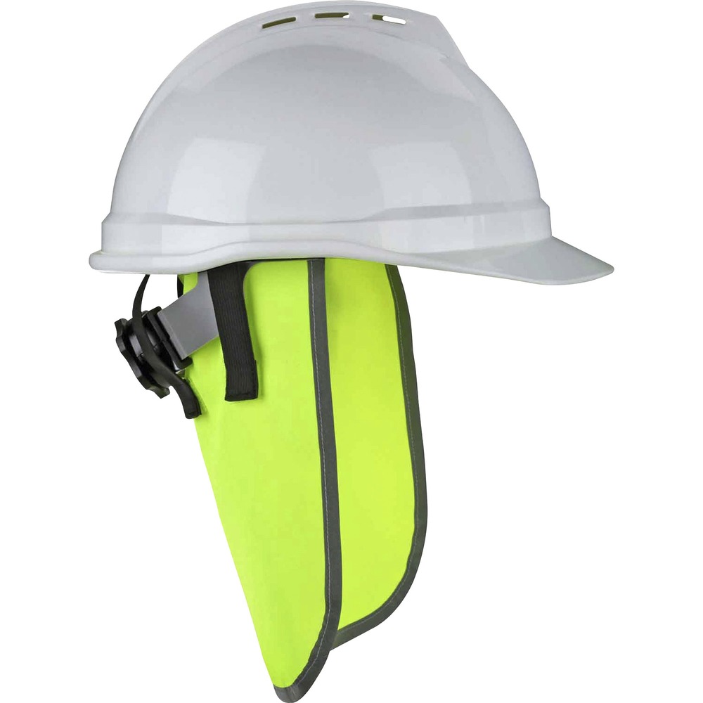 EGO29063 - 8006 Hi-Vis Neck Shades for Hard Hats protect back of neck and ears from sun damage. Fluorescent, polyester fabric enhances visibility in poor light conditions so workers can be seen. Trim lining meets ANSI 107 standard and provides an extra layer of safety by reflecting light. They fit most standard hard hats and safety helmets. Easily attach neck shades with four hook-and-loop closures that connect to the helmet's inside suspension. Material does not add bulk to hard hats so they are comfortable to wear for an entire work day. Machine-wash to quickly rewear.