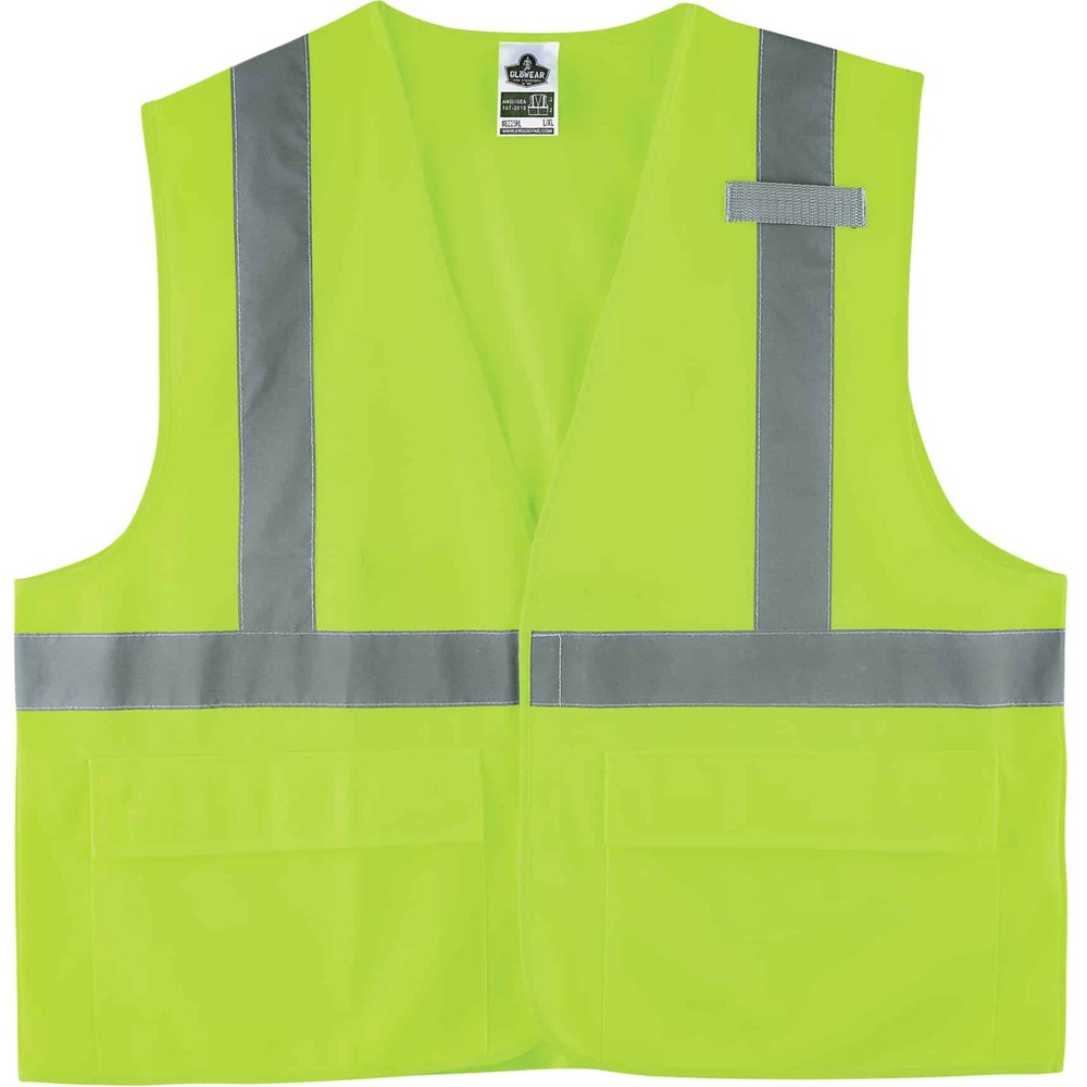 EGO21185 - Made of ANSI-compliant, polyester solid (3.6 oz), the 8225HL Hi-Vis Solid Safety Vest provides Type R, Class 2-approved, low-light protection for workers. Its 2" ANSI-compliant reflective tape and fluorescent colors provide maximum visibility and protection against dangerous situations while working. Easily put on and take off safety vest with the hook-and-loop closure. Store and quickly find items and tools in three pockets (one inside, two outside). Safety vest securely holds a radio with the stable mic tab.