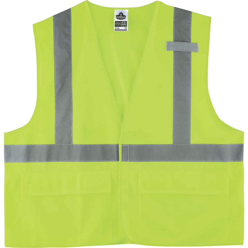 EGO21189 - Made of ANSI-compliant, polyester solid (3.6 oz), the 8225HL Hi-Vis Solid Safety Vest provides Type R, Class 2-approved, low-light protection for workers. Its 2" ANSI-compliant reflective tape and fluorescent colors provide maximum visibility and protection against dangerous situations while working. Easily put on and take off safety vest with the hook-and-loop closure. Store and quickly find items and tools in three pockets (one inside, two outside). Safety vest securely holds a radio with the stable mic tab.