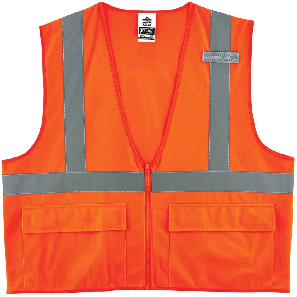 EGO21157 - Made of ANSI-compliant, polyester solid (3.6 oz), the 8225Z Hi-Vis Solid Safety Vest provides Type R, Class 2-approved, low-light protection for workers. Its 2" ANSI-compliant reflective tape and fluorescent colors provide maximum visibility and protection against dangerous situations while working. Easily put on and take off safety vest with the zipper closure. Store and quickly find items and tools in three pockets (one inside, two outside). Safety vest securely holds a radio with the stable mic tab.