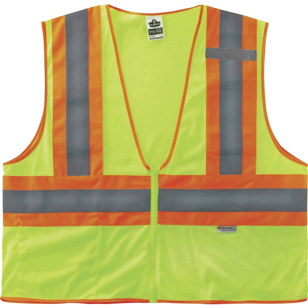 EGO21325 - Made of ANSI-compliant, polyester mesh (3.3 oz), the 8230Z Hi-Vis Mesh Safety Vest provides Type R, Class 2-approved, low-light protection for workers. Its 2" ANSI-compliant reflective tape and fluorescent colors provide maximum visibility and protection against dangerous situations while working. Contrasting, fluorescent, 3-1/2" sections cross vertically and horizontally with reflective tape to further enhance visibility. Easily put on and take off safety vest with the zipper closure. Store and quickly find items and tools in the inside pocket. Safety vest securely holds a radio with the stable mic tab.