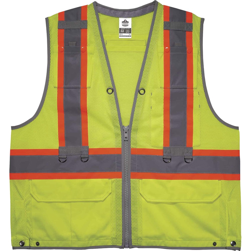EGO24175 - 8231TV Hi-Vis Tool Tethering Safety Vest provides versatile tethering and storage options when working at heights. Wear the vest over the top of the fall protection harness to increase visibility and accessibility to tool tethers at heights. Side D-ring slots have snap closures and slits to reduce material bunching when wearing over the harness. Two lower outside pockets are intended for tool storage while using tether points with a divided right pocket for better organization of smaller tools. Two retractable pockets are designed to fit lanyards. It also has one interior dual-layer, pen pocket and two mic tabs. Zipper closure enables easy on/off access. It is made from a heavy-duty material with added reinforced web binding for extra support. Intended for tethering tools under 2 lb., this safety vest is a Type R, Class 2-approved low-light protection measure for workers. It is certified for both ANSI/ISEA 121 and ANSI/ISEA 107.