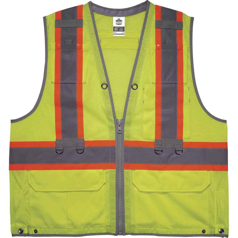EGO24177 - 8231TV Hi-Vis Tool Tethering Safety Vest provides versatile tethering and storage options when working at heights. Wear the vest over the top of the fall protection harness to increase visibility and accessibility to tool tethers at heights. Side D-ring slots have snap closures and slits to reduce material bunching when wearing over the harness. Two lower outside pockets are intended for tool storage while using tether points with a divided right pocket for better organization of smaller tools. Two retractable pockets are designed to fit lanyards. It also has one interior dual-layer, pen pocket and two mic tabs. Zipper closure enables easy on/off access. It is made from a heavy-duty material with added reinforced web binding for extra support. Intended for tethering tools under 2 lb., this safety vest is a Type R, Class 2-approved low-light protection measure for workers. It is certified for both ANSI/ISEA 121 and ANSI/ISEA 107.