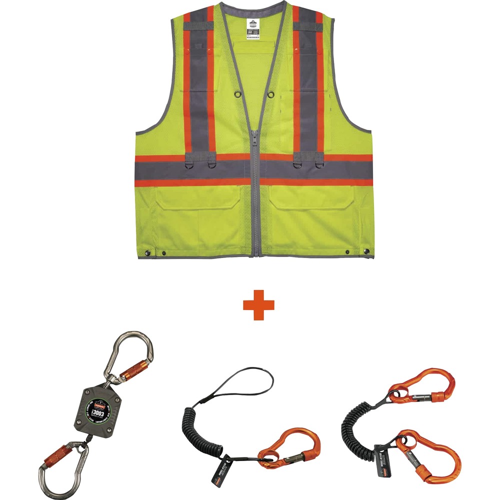 EGO24187 - Made with reinforced web binding, the 8231TVK Hi-Vis Tool Tethering Safety Vest Kit provides versatile tethering and storage options when working at heights. Wear the vest over the top of the fall protection harness to increase visibility and accessibility to tool tethers at heights. Side D-ring slots have snap closures and slits to reduce material bunching when wearing over the harness. Vest has five pockets for convenient storage and effective tool tethering. Two retractable pockets are designed to fit lanyards. It also has one interior dual-layer pen pocket and two mic tabs. Zipper closure enables easy on/off access. Safety vest is a Type R, Class 2-approved low-light protection for workers; furthermore, it is certified for both ANSI/ISEA 121 and ANSI/ISEA 107. Kit includes GloWear 8231TV Hi-Vis Tool Tethering Safety Vest, Aquids 3156 Coil Lanyard with Single Carabiner, Squids 3166 Coil Lanyard with Dual Carabiners and Squids 3003 Retractable Tool Lanyard.