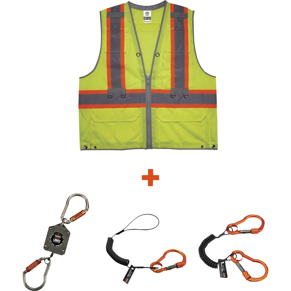 EGO24189 - Made with reinforced web binding, the 8231TVK Hi-Vis Tool Tethering Safety Vest Kit provides versatile tethering and storage options when working at heights. Wear the vest over the top of the fall protection harness to increase visibility and accessibility to tool tethers at heights. Side D-ring slots have snap closures and slits to reduce material bunching when wearing over the harness. Vest has five pockets for convenient storage and effective tool tethering. Two retractable pockets are designed to fit lanyards. It also has one interior dual-layer pen pocket and two mic tabs. Zipper closure enables easy on/off access. Safety vest is a Type R, Class 2-approved low-light protection for workers; furthermore, it is certified for both ANSI/ISEA 121 and ANSI/ISEA 107. Kit includes GloWear 8231TV Hi-Vis Tool Tethering Safety Vest, Aquids 3156 Coil Lanyard with Single Carabiner, Squids 3166 Coil Lanyard with Dual Carabiners and Squids 3003 Retractable Tool Lanyard.