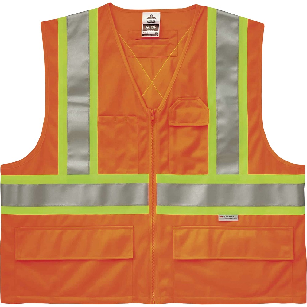 EGO26183 - Made of ANSI-compliant, polyester solid (3.6 oz), the 8235ZX Two-Tone X-Back Safety Vest provides Type R, Class 2-approved, low-light protection for workers. Its 2" ANSI-compliant, 3M Scotchlite reflective tape and fluorescent colors provide maximum visibility and protection against dangerous situations while working. Contrasting, fluorescent 3-1/2" sections cross vertically and horizontally with reflective tape to further enhance visibility. X-back feature highlights your entire core for protection and safety. Store and quickly find items and tools in five pockets (one inside, four outside). Three outside pockets have open flaps to secure items when working. D-ring access slot is used to attach a harness. Easily put on or take off vest with the zipper closure. Design is CSA-compliant to provide safety.