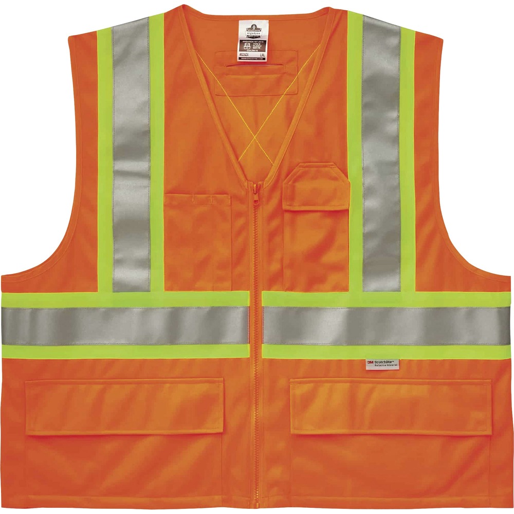 EGO26187 - Made of ANSI-compliant, polyester solid (3.6 oz), the 8235ZX Two-Tone X-Back Safety Vest provides Type R, Class 2-approved, low-light protection for workers. Its 2" ANSI-compliant, 3M Scotchlite reflective tape and fluorescent colors provide maximum visibility and protection against dangerous situations while working. Contrasting, fluorescent 3-1/2" sections cross vertically and horizontally with reflective tape to further enhance visibility. X-back feature highlights your entire core for protection and safety. Store and quickly find items and tools in five pockets (one inside, four outside). Three outside pockets have open flaps to secure items when working. D-ring access slot is used to attach a harness. Easily put on or take off vest with the zipper closure. Design is CSA-compliant to provide safety.