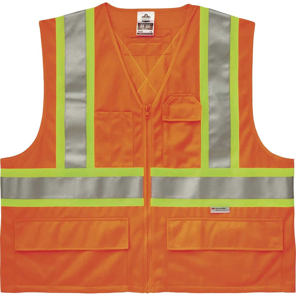 EGO26189 - Made of ANSI-compliant, polyester solid (3.6 oz), the 8235ZX Two-Tone X-Back Safety Vest provides Type R, Class 2-approved, low-light protection for workers. Its 2" ANSI-compliant, 3M Scotchlite reflective tape and fluorescent colors provide maximum visibility and protection against dangerous situations while working. Contrasting, fluorescent 3-1/2" sections cross vertically and horizontally with reflective tape to further enhance visibility. X-back feature highlights your entire core for protection and safety. Store and quickly find items and tools in five pockets (one inside, four outside). Three outside pockets have open flaps to secure items when working. D-ring access slot is used to attach a harness. Easily put on or take off vest with the zipper closure. Design is CSA-compliant to provide safety.