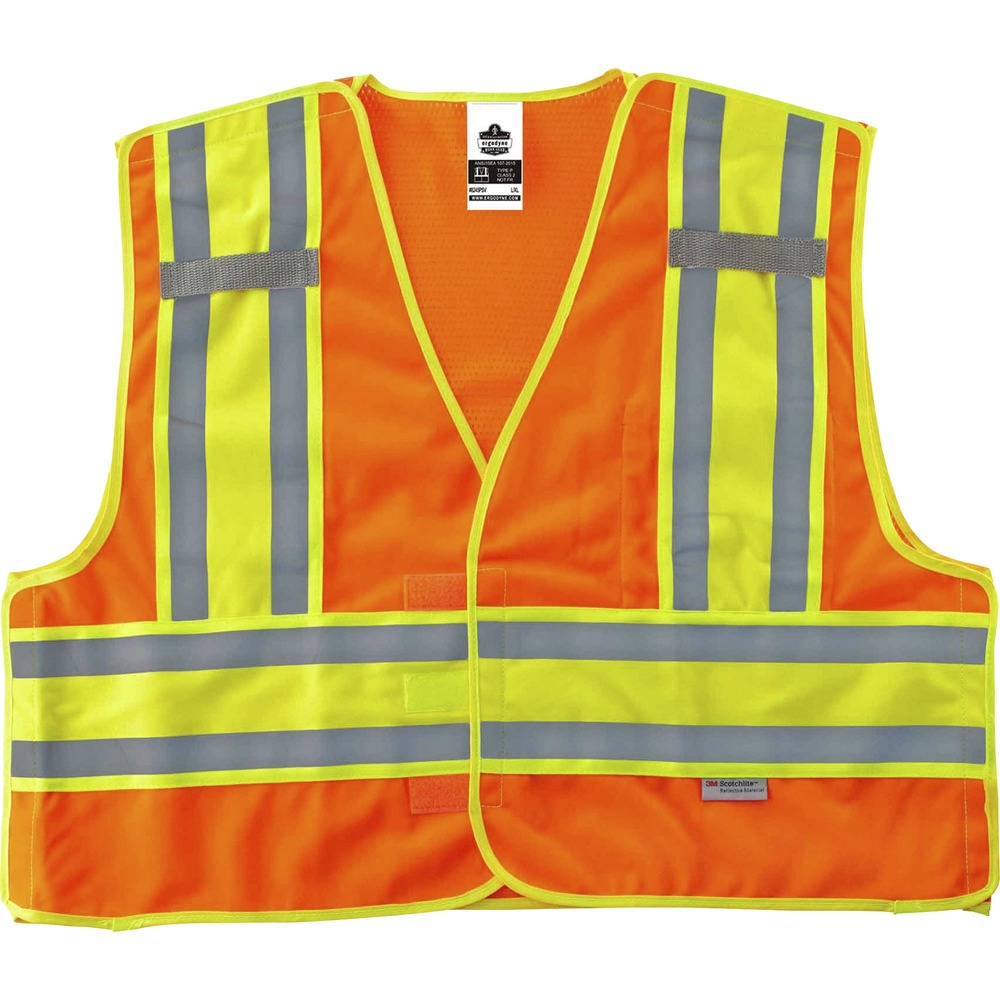 EGO23385 - Made of ANSI-compliant, polyester solid (3.6 oz) with a mesh back (3.3 oz), the 8245PSV Public Safety Vest is Type P, Class 2-approved for worker safety in low-light conditions. ANSI-compliant 3M Scotchlite reflective tape and fluorescent color provide maximum visibility and protection. Contrasting, fluorescent, 4-1/2" sections cross vertically and horizontally with reflective tape to further enhance visibility. Hook-and-loop breakaways on shoulders and side easily disentangle vest from dangerous situations. Store and quickly access equipment in divided inside pocket for organization. Safety vest securely holds two radios with the stable mic tabs.