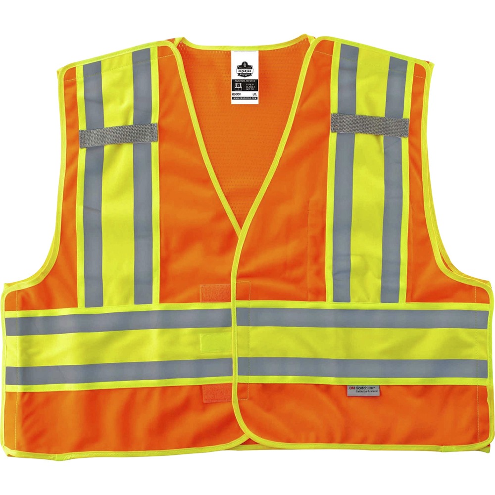 EGO23389 - Made of ANSI-compliant, polyester solid (3.6 oz) with a mesh back (3.3 oz), the 8245PSV Public Safety Vest is Type P, Class 2-approved for worker safety in low-light conditions. ANSI-compliant 3M Scotchlite reflective tape and fluorescent color provide maximum visibility and protection. Contrasting, fluorescent, 4-1/2" sections cross vertically and horizontally with reflective tape to further enhance visibility. Hook-and-loop breakaways on shoulders and side easily disentangle vest from dangerous situations. Store and quickly access equipment in divided inside pocket for organization. Safety vest securely holds two radios with the stable mic tabs.
