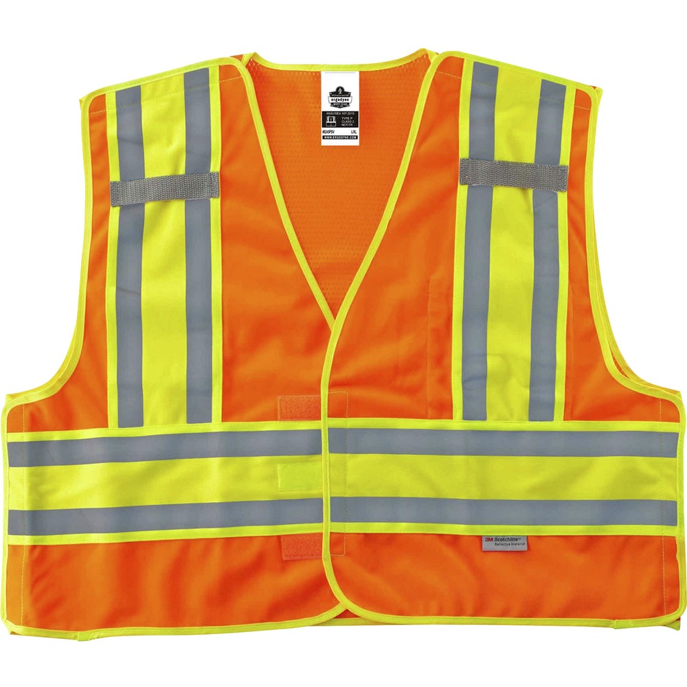 EGO23390 - Made of ANSI-compliant, polyester solid (3.6 oz) with a mesh back (3.3 oz), the 8245PSV Public Safety Vest is Type P, Class 2-approved for worker safety in low-light conditions. ANSI-compliant 3M Scotchlite reflective tape and fluorescent color provide maximum visibility and protection. Contrasting, fluorescent, 4-1/2" sections cross vertically and horizontally with reflective tape to further enhance visibility. Hook-and-loop breakaways on shoulders and side easily disentangle vest from dangerous situations. Store and quickly access equipment in divided inside pocket for organization. Safety vest securely holds two radios with the stable mic tabs.