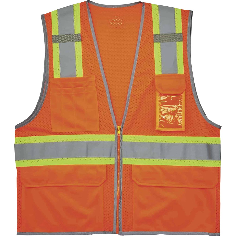 EGO24135 - 8246Z Two-Tone High-Visibility Safety Vest is Type R, Class 2 compliant and meets ANSI/ISEA 107-2020 visibility requirements. 2" reflective tape on 3-1/2" contrasting mesh and reflective piping enhance visibility in low-light conditions. Lightweight, polyester mesh (3.3 oz.) features a zipper closure for easy on/off access. Two interior and four exterior pockets maximize storage to keep essential items within reach. ID badge holder is clear for effortless readability and access. Dual mic tabs let you conveniently use your radio. Machine-washable safety vest is ideal for anyone requiring Type R, Class 2 apparel including road construction, baggage handling and municipalities. Dual sizes allow a looser fit to wear over sweatshirts or jackets.