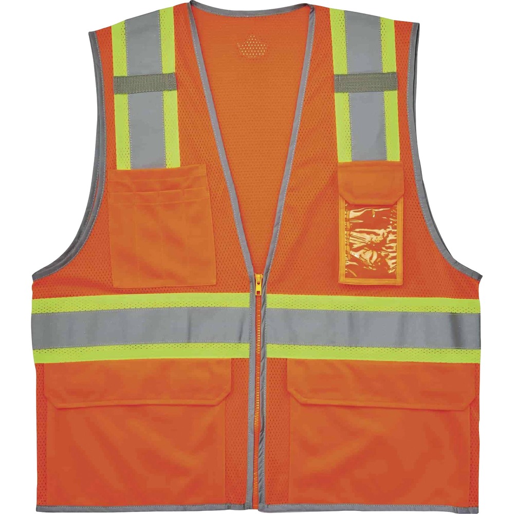 EGO24137 - 8246Z Two-Tone High-Visibility Safety Vest is Type R, Class 2 compliant and meets ANSI/ISEA 107-2020 visibility requirements. 2" reflective tape on 3-1/2" contrasting mesh and reflective piping enhance visibility in low-light conditions. Lightweight, polyester mesh (3.3 oz.) features a zipper closure for easy on/off access. Two interior and four exterior pockets maximize storage to keep essential items within reach. ID badge holder is clear for effortless readability and access. Dual mic tabs let you conveniently use your radio. Machine-washable safety vest is ideal for anyone requiring Type R, Class 2 apparel including road construction, baggage handling and municipalities. Dual sizes allow a looser fit to wear over sweatshirts or jackets.
