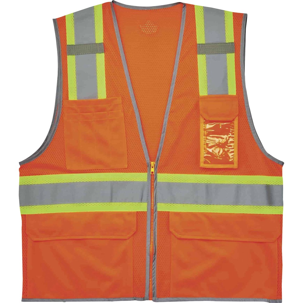 EGO24139 - 8246Z Two-Tone High-Visibility Safety Vest is Type R, Class 2 compliant and meets ANSI/ISEA 107-2020 visibility requirements. 2" reflective tape on 3-1/2" contrasting mesh and reflective piping enhance visibility in low-light conditions. Lightweight, polyester mesh (3.3 oz.) features a zipper closure for easy on/off access. Two interior and four exterior pockets maximize storage to keep essential items within reach. ID badge holder is clear for effortless readability and access. Dual mic tabs let you conveniently use your radio. Machine-washable safety vest is ideal for anyone requiring Type R, Class 2 apparel including road construction, baggage handling and municipalities. Dual sizes allow a looser fit to wear over sweatshirts or jackets.